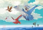  2002 amber_eyes ambiguous_gender blue_body blue_hair claws clothing cloud fearow female feral finger_claws floating flying group hair human ken_sugimori latias latios legendary_pok&eacute;mon long_hair looking_at_another mammal nintendo official_art open_mouth pok&eacute;mon pok&eacute;mon_(species) red_body red_eyes remoraid riding riding_on_back sea signature sky unnamed_character video_games water 