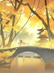  1girl absurdres animal architecture autumn autumn_leaves bangs black_hair bridge copyright_request east_asian_architecture forest from_side highres long_sleeves nature outdoors pagoda ponytail red_ribbon ribbon riding river robe stone tiger tree updo water xiang_wan_wei_wan 