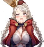  1boy 1girl ahoge bangs blush braid breasts capelet chest_harness cleavage closed_eyes commission commissioner_upload fire_emblem fire_emblem_fates fire_emblem_heroes gloves hairband harness headpat heart heart-shaped_pupils highres hood hooded_capelet kiran_(fire_emblem) leather leather_gloves leather_strap long_hair nina_(fire_emblem) non-web_source open_mouth saikunartworks smile sweat symbol-shaped_pupils twin_braids upper_body 