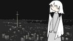  1girl angel_wings building city cityscape closed_eyes closed_mouth cross from_above grey_sweater highres night night_sky original seattle sky sweater tears tsukumizu_yuu white_hair wings 