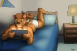  anthro barefoot bed black_nose briefs briefs_only brown_body brown_fur butt clothed clothing dresser_drawer feet fur furniture green_eyes hi_res inside lamp male mammal merakburr pennant pillow smile solo tighty_whities topless underwear underwear_only ursid video_games white_briefs white_clothing white_underwear 