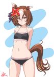  1girl animal_ears arms_behind_back ass_visible_through_thighs bikini black_bikini blue_swimsuit breasts brown_eyes brown_hair collarbone cowboy_shot frown hair_between_eyes hair_ornament highres horse_ears horse_girl horse_tail looking_at_viewer multicolored_hair pinwheel_hair_ornament short_hair small_breasts solo standing swimsuit t2r tail two-tone_hair umamusume white_background white_hair yaeno_muteki_(umamusume) 