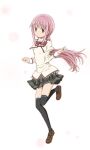  1girl bangs blunt_bangs blush braid cosplay costume_switch kinfuji long_hair magia_record:_mahou_shoujo_madoka_magica_gaiden mahou_shoujo_madoka_magica mitakihara_school_uniform pink_eyes pink_hair puffy_sleeves school_uniform sidelocks skirt solo tamaki_iroha thighhighs 