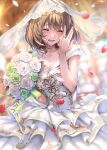 1girl :d bangs blurry blurry_background blush bouquet breasts bridal_veil brown_hair church cleavage closed_eyes collarbone dress earrings flower frilled_dress frills hair_between_eyes highres idolmaster idolmaster_cinderella_girls indoors jewelry looking_at_viewer lower_teeth medium_breasts mole mole_under_eye off-shoulder_dress off_shoulder open_mouth petals piromizu ring rose_petals see-through short_hair sleeveless smile solo stained_glass takagaki_kaede teeth veil wedding wedding_dress wedding_ring white_dress white_flower 