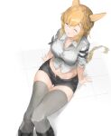  1girl :d absurdres animal_ears arknights arm_strap bangs black_shorts blonde_hair blush braid breasts cleavage closed_eyes collared_shirt eyebrows_visible_through_hair feet_out_of_frame from_above grey_legwear grey_shirt highres knees_up kroos_(arknights) kroos_the_keen_glint_(arknights) large_breasts long_hair navel on_floor open_clothes open_fly open_mouth open_shorts rabbit_ears shirt short_shorts short_sleeves shorts single_braid sitting smile solo stomach thigh_gap thighhighs unitsu very_long_hair 