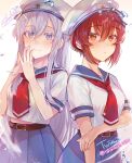  2girls 86_-eightysix- artist_name bangs belt black_belt blue_sailor_collar blue_skirt eyebrows_visible_through_hair grey_eyes highres kurena_kukumila long_hair looking_at_viewer multiple_girls orange_eyes red_hair sailor_collar school_uniform serafuku shanabi0610 short_hair short_sleeves skirt twitter_username vladilena_millize watermark 