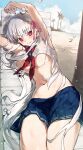  1girl bangs blush breasts earrings fate/grand_order fate_(series) hair_ribbon highres jewelry kama_(fate) large_breasts long_hair looking_at_viewer red_eyes ribbon shigure_(shigure_43) smile solo underboob very_long_hair white_hair 