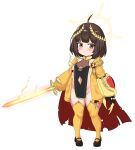  1girl absurdres ahoge bailingxiao_jiu bangs black_footwear blush brown_eyes brown_hair cape claw_(weapon) closed_mouth clothing_cutout commentary_request eyebrows_visible_through_hair flaming_sword flaming_weapon halo highres holding holding_sword holding_weapon hood hood_down hooded_jacket jacket laurel_crown long_sleeves looking_at_viewer navel navel_cutout original puffy_long_sleeves puffy_sleeves red_cape shoes sleeves_past_wrists smile solo standing sword thighhighs torn_cape torn_clothes warhammer_40k weapon yellow_jacket yellow_legwear 
