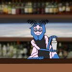  3_fingers 4_arms alcohol alien ambiguous_gender antennae_(anatomy) anthro arthropod bartender beverage blue_hair chesapeake_(artist) clothing eyewear fingers glasses hair hi_res insect lepidopteran moth multi_arm multi_limb solo wings 