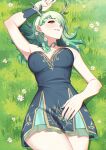  1girl arm_up armpits bangs bare_arms bare_shoulders braid branch breasts ceres_fauna crossed_legs grass green_hair highres hololive hololive_english horns large_breasts leaf looking_at_viewer lying mawaridi medium_hair nature on_back outdoors skirt thighs wide_hips 