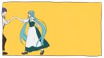  1boy 1girl adam_moonlit blue_eyes blue_hair blush dress eve_moonlit evillious_nendaiki hatsune_miku highres holding_hands kaito_(vocaloid) long_hair twintails vocaloid warabi_(danngo-mitarasi) yellow_background 