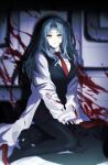  1girl angela_(project_moon) ap5ry black_vest blood blood_on_chest blood_on_wall blue_hair breasts high_heels highres large_breasts lobotomy_corporation long_hair long_sleeves necktie pantyhose project_moon red_footwear red_necktie shirt vest white_shirt yellow_eyes 