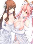  2girls absurdres animal_ear_fluff animal_ears asymmetrical_docking blush breast_press breasts bridal_veil bride brown_eyes brown_hair cleavage commentary_request commission dress elbow_gloves fate/extra fate/extra_ccc fate/grand_order fate_(series) flower fox_ears fox_girl fox_tail gloves hair_flower hair_ornament highres holding_hands interlocked_fingers kishinami_hakuno_(female) large_breasts long_hair looking_at_viewer medium_breasts multiple_girls open_mouth pink_hair rose simple_background skeb_commission split_ponytail tail tamamo_(fate) tamamo_no_mae_(fate/extra) veil wedding wedding_dress white_background white_dress white_flower white_gloves white_rose wife_and_wife xo yagi_(yagi5art) yellow_eyes 