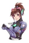  1girl armored_bodysuit artist_name black_bodysuit blue_armor bodysuit boobplate breasts brown_eyes brown_hair d.va_(overwatch) english_commentary facial_mark headphones high_ponytail highres kalycoris medium_breasts overwatch_2 solo upper_body whisker_markings wireless 