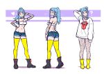  1girl ? akairiot ass back bare_shoulders blue_hair blush boots breasts choker contrapposto cropped_torso denim denim_shorts double_bun drooling fishnet_legwear fishnets groin hair_bun hand_on_hip hand_on_own_head heart highres iru_may long_hair looking_at_viewer looking_back looking_to_the_side lowleg lowleg_shorts medium_breasts midriff multiple_views naughty_face navel no_pants one_eye_closed original ponytail print_sweater purple_eyes short_hair_with_long_locks short_shorts shorts shoulder_blades sigh simple_background solo strapless sweater thighhighs tube_top upper_body yellow_legwear 