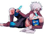  1boy artist_name blue_eyes boku_no_hero_academia burn_scar cheek_piercing dabi_(boku_no_hero_academia) doritos eating food food_in_mouth highres holding holding_food lying male_focus messy_hair multiple_scars on_side piercing popsicle reading scar scar_on_hand scar_on_neck sharl0ck shorts simple_background solo spoilers staple stapled stitches todoroki_touya topless_male white_background white_hair 