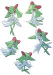  arm_up closed_mouth commentary_request fusenryo green_hair highres kirlia looking_back medium_hair multiple_views own_hands_together pokemon pokemon_(creature) red_eyes simple_background white_background 