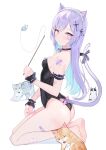  1girl animal_ear_fluff animal_ears arm_garter ass bandaid bandaid_on_arm bandaid_on_leg bangs bare_legs bare_shoulders bell black_bow black_choker black_leotard blue_hair blush bow breasts cat cat_ears cat_girl cat_tail choker colored_inner_hair cross_hair_ornament eyebrows_visible_through_hair fish from_side full_body hair_ornament highleg highleg_leotard highres holding kneeling leotard long_hair looking_at_viewer maid_headdress multicolored_hair multiple_cats neck_bell original parted_lips pink_eyes purple_hair purple_tail sidelocks simple_background small_breasts solo strapless strapless_leotard swept_bangs tail tail_bow tail_ornament thighs two-tone_hair white_background wrist_cuffs yuzukicture 