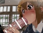  1boy 1girl absurdres bar_censor blush brown_eyes brown_hair censored classroom erection fellatio hair_ornament hairclip heart heart-shaped_pupils hetero highres hirasawa_yui indoors k-on! large_penis mizumizuni nose_blush oral penis saliva school_uniform solo_focus sweat symbol-shaped_pupils tearing_up veins veiny_penis 