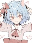  1girl animal_ears ascot back_bow blue_hair bow cat_ears closed_mouth collarbone collared_shirt eyebrows_visible_through_hair frilled_shirt_collar frills hair_between_eyes hair_bow highres kemonomimi_mode limited_palette looking_at_viewer puffy_short_sleeves puffy_sleeves red_ascot red_bow red_eyes remilia_scarlet shirt short_hair short_sleeves solo touhou upper_body wrist_cuffs yuki_(popopo) 