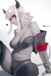  1girl breasts cosplay demon_girl demon_horns demon_tail helltaker highres horns judgement_(helltaker) judgement_(helltaker)_(cosplay) metal_gloves modeus_(helltaker) navel octorypo red_eyes spread_legs tail white_hair 