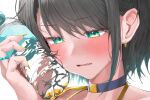 1girl bangs black_hair blue_eyes blush bottle bottle_to_cheek close-up commentary_request earrings eyebrows_visible_through_hair fangs highres holding holding_bottle hololive jewelry oozora_subaru parted_lips ring short_hair solo tarutaru_(ryousuke) upper_body water_bottle yellow_nails 