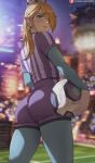  1girl ass ball blonde_hair blue_eyes blue_legwear blurry blurry_background closed_mouth commentary crown earrings from_behind hair_over_one_eye highres holding jewelry long_hair long_sleeves looking_at_viewer looking_back mario_(series) mario_strikers:_battle_league night night_sky pantyhose patreon_logo patreon_username rosalina shexyo short_shorts short_sleeves shorts sky soccer_ball soccer_uniform sportswear star_(symbol) star_earrings web_address 