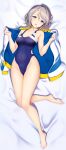  1girl :d absurdres amagi_(volfuji) bare_legs barefoot bed_sheet blue_eyes blue_jacket blue_swimsuit breasts collarbone commentary competition_swimsuit covered_navel curled_fingers dakimakura_(medium) eyebrows_visible_through_hair grey_hair hair_between_eyes half-closed_eyes head_tilt highres jacket light_blush looking_at_viewer love_live! love_live!_sunshine!! lying medium_breasts on_back one-piece_swimsuit open_clothes open_jacket open_mouth paid_reward_available short_hair smile solo swimsuit watanabe_you white_jacket 
