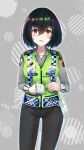  1girl artist_name bangs black_hair black_pants blush brown_eyes grey_shirt hair_between_eyes high-visibility_vest highres holding holding_notepad holding_pen indonesia long_sleeves looking_at_viewer notepad original pants pen pocket police police_uniform policewoman shirt short_hair solo tamarin_(sy1755) twitter_username uniform vest watermark 