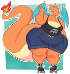 2022 absurd_res aimbot-jones anthro anthrofied belly big_belly blep bottomwear breasts charizard clothed clothing cutoffs denim denim_clothing digital_media_(artwork) dragon eyelashes female gesture hi_res huge_hips huge_thighs looking_at_viewer membrane_(anatomy) membranous_wings nintendo orange_body orange_scales overweight overweight_female pok&eacute;mon pok&eacute;mon_(species) rollerskates scales shorts solo thick_tail thick_thighs tongue tongue_out topwear video_games waving wide_hips wings 