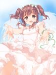  1girl angel_wings bangs breasts brown_eyes brown_hair dress ekolu flower foreshortening from_below green_ribbon hair_flower hair_ornament highres idolmaster idolmaster_cinderella_girls jewelry light_blush looking_at_viewer medium_hair necklace ogata_chieri open_mouth pink_dress puffy_short_sleeves puffy_sleeves ribbon short_sleeves sidelocks sky small_breasts smile solo twintails wings wristband 