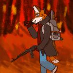  abstract_background anthro assault_rifle backpack bottomwear canid canine clothed clothing coat denim denim_clothing destruction explosives fire fox glock gloves grenade gun handgun handwear hatred_(video_game) jeans kalashnikov looking_at_viewer low_res m870 machete male mammal melee_weapon pants pistol postal_(series) ranged_weapon rifle shirt shotgun smile smiling_at_viewer solo submachine_gun topwear trenchcoat ump45 walking weapon winterfrostwastaken 