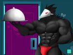  abs animal_humanoid anthro avian avian_humanoid blecksart clothed clothing deltarune humanoid male muscular muscular_male red_eyes serving serving_tray solo swatchling undertale_(series) underwear underwear_only video_games waiter 