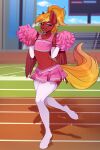  absurd_res anthro bottomwear cheerleader clothing equid equine feathers hair hasbro hi_res kuroran mammal miniskirt my_little_pony orange_hair pegasus pom_poms red_body red_feathers skirt solo wings 