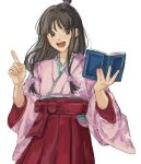  1girl :d ace_attorney bangs black_eyes black_hair blunt_bangs book cosplay costume_switch hair_ornament hand_up holding holding_book japanese_clothes long_hair maya_fey shimomoki smile solo susato_mikotoba the_great_ace_attorney white_background 