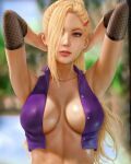  1girl arms_behind_head arms_up artist_name blonde_hair blue_eyes blurry blurry_background breasts commentary depth_of_field earrings hair_ornament hair_over_one_eye hairclip highres jewelry lips long_hair looking_at_viewer medium_breasts naruto_(series) naruto_shippuuden no_bra nose open_clothes open_vest parted_lips purple_vest solo upper_body vest yamanaka_ino yupachu 