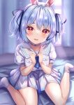  1girl animal_ear_fluff animal_ears bangs bare_legs blue_hair blue_ribbon blush bunny-shaped_pupils choker curtains hair_ribbon highres hololive no_shoes on_bed open_mouth pleated_skirt rabbit_ears red_eyes ribbon sailor_collar shirt sitting sitting_on_bed skirt smile socks solo symbol-shaped_pupils thick_eyebrows two_side_up usada_pekora virtual_youtuber wariza white_choker white_legwear white_sailor_collar white_shirt white_skirt yuano 