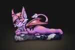  absurd_res anthro canid canine canis chiropteran collar domestic_dog dragon duo fangs female fur genitals harness helluva_boss hi_res kiraco loona_(helluva_boss) lying male male/female mammal penis purple_body purple_fur raised_tail spread_wings stripes touro wings 