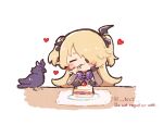  bangs bird birthday birthday_cake blonde_hair blush cake chibi closed_eyes eating eyepatch fischl_(genshin_impact) food genshin_impact hair_over_one_eye hand_on_own_cheek hand_on_own_face heart holding long_hair nnz oz_(genshin_impact) plate simple_background smile symbol-only_commentary twitter_username two_side_up white_background 