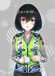  1girl artist_name bangs black_hair black_pants blush brown_eyes grey_shirt hair_between_eyes high-visibility_vest highres holding holding_notepad holding_pen indonesia long_sleeves looking_at_viewer notepad original pants pen pocket police police_uniform policewoman shirt short_hair solo tamarin_(sy1755) twitter_username uniform upper_body vest watermark 