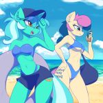  anthro anthrofied beach bikini blue_eyes blue_hair bonbon_(mlp) bottomwear breasts clothing cutie_mark duo earth_pony equid equine fajeh female friendship_is_magic green_body green_hair hair hasbro hi_res horn horse inner_ear_fluff lyra_heartstrings_(mlp) mammal my_little_pony navel open_mouth phone pink_hair pony ponytail seaside shorts small_breasts swimwear tan_body tuft unicorn water white_hair yellow_eyes 