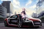  1girl absurdres audi audi_r8 azur_lane black_footwear black_legwear boots breasts car car_keys cityscape commentary cropped_jacket full_body gloves grey_hair ground_vehicle headset high_heel_boots high_heels highres kcar66t large_breasts long_hair motor_vehicle need_for_speed need_for_speed:_carbon official_alternate_costume prinz_eugen_(azur_lane) prinz_eugen_(final_lap)_(azur_lane) product_placement race_queen revision sitting sitting_on_car skirt thigh_boots thighhighs thighs two_side_up underboob vehicle_focus 