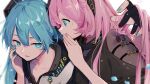  2girls blue_eyes blue_hair hair_ornament hand_in_another&#039;s_hair hands_up hatsune_miku long_hair megurine_luka multiple_girls nail_polish pink_hair vocaloid wanaxtuco whispering 