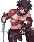  1boy black_hair blue_eyes blue_fire boku_no_hero_academia burn_scar cheek_piercing dabi_(boku_no_hero_academia) elbow_on_knee fingerless_gloves fire gloves highres holding holding_sword holding_weapon looking_at_viewer male_focus messy_hair multiple_scars open_mouth piercing scar scar_on_hand scar_on_neck sharl0ck simple_background solo staple stapled stitches sword topless_male weapon white_background 