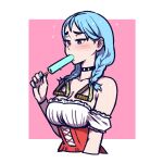  1girl akairiot bare_shoulders blue_hair blue_nails blush braid breasts choker cleavage collarbone cropped_torso dirndl dress ear_piercing food food_in_mouth from_side german_clothes handle highres iru_may jitome long_hair looking_at_food medium_breasts off-shoulder_dress off_shoulder original piercing popsicle purple_eyes sexually_suggestive simple_background sketch solo twin_braids underbust upper_body 