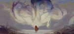  1boy bald dragon eastern_dragon facing_away facing_down from_behind glowing highres horizon kesa long_sleeves male_focus monk original overcast robe ruins size_difference sky standing tanyabones29 wind 
