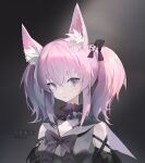  1girl animal_ear_fluff animal_ears arknights bangs bare_shoulders black_bow black_dress bow breasts commentary_request dress eyebrows_visible_through_hair grey_eyes hair_between_eyes hair_bow hair_ornament highres looking_at_viewer m6jocha pink_hair shamare_(arknights) sidelocks skull_hair_ornament small_breasts solo translation_request twintails twitter_username upper_body 
