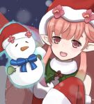  1girl bangs blue_bow blue_bowtie bow bowtie fire_emblem fire_emblem_heroes fur_trim hat long_hair long_sleeves looking_at_viewer manomu_(wtsz5345) mirabilis_(fire_emblem) official_alternate_costume open_mouth pink_eyes pink_hair pointy_ears red_headwear santa_costume santa_hat sleeves_past_fingers sleeves_past_wrists snowman solo 