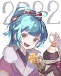  1girl 2022 :d bangs blue_hair earrings eyebrows_visible_through_hair fire_emblem fire_emblem_heroes highres japanese_clothes jewelry kagami_mochi kimono long_hair looking_at_viewer mochi mutomorokoshi official_alternate_costume open_mouth otter ponytail reginn_(fire_emblem) smile teeth upper_body upper_teeth yellow_eyes 