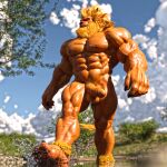  1:1 3d_(artwork) balls bandai_namco beard biceps big_muscles digimon digimon_(species) digital_media_(artwork) facial_hair genitals humanoid_genitalia humanoid_penis leomon male mane muscular nipples nude og_idk pecs penis solo thegreenfoot water 